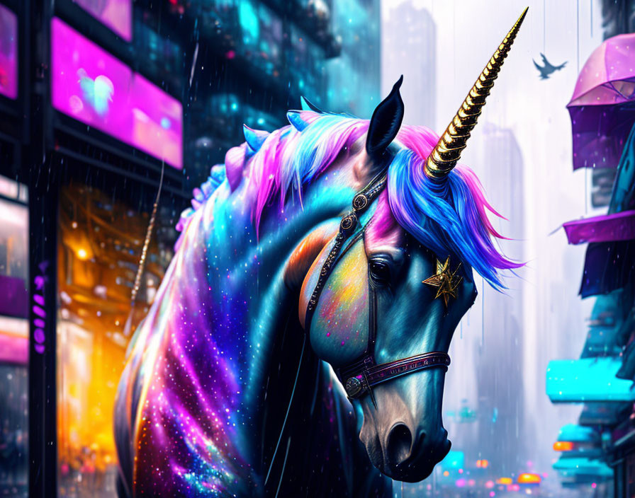 Colorful Unicorn with Golden Horn in Galaxy Mane on Neon Cityscape