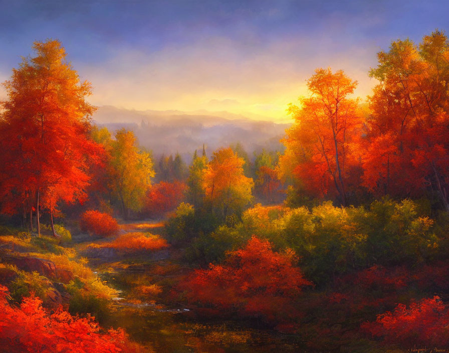 Vivid Autumn Landscape with Orange and Red Trees