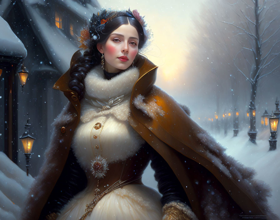 Regal woman in winter outfit with fur collar in snowy scene