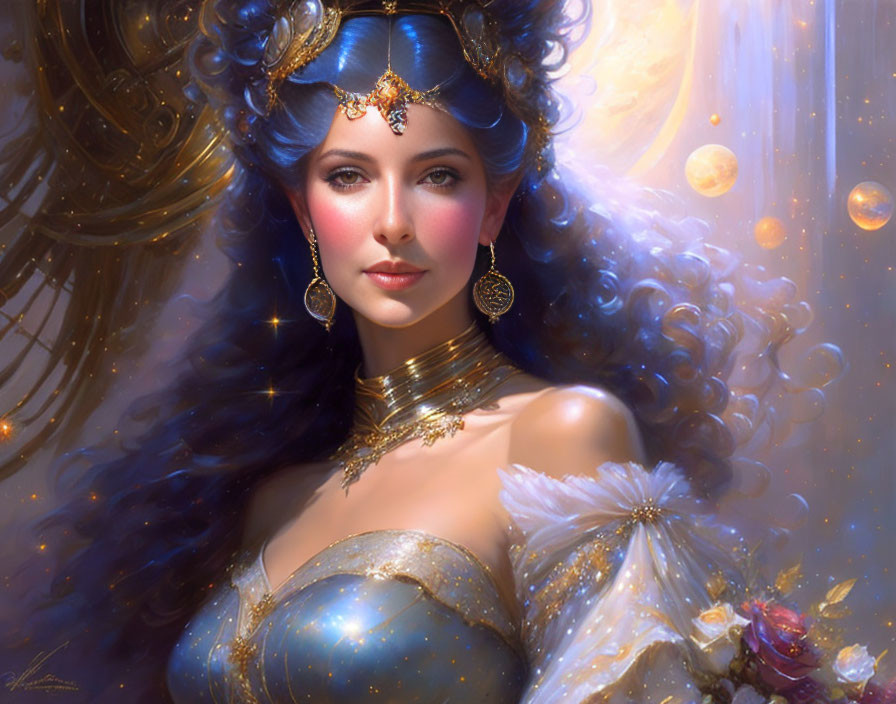 Fantastical portrait: Woman with blue hair, golden jewelry, glowing orbs, starry ambiance