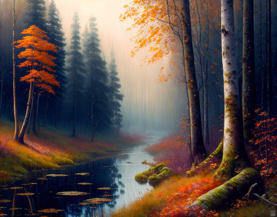 Tranquil autumn forest scene with misty backdrop and vibrant orange foliage