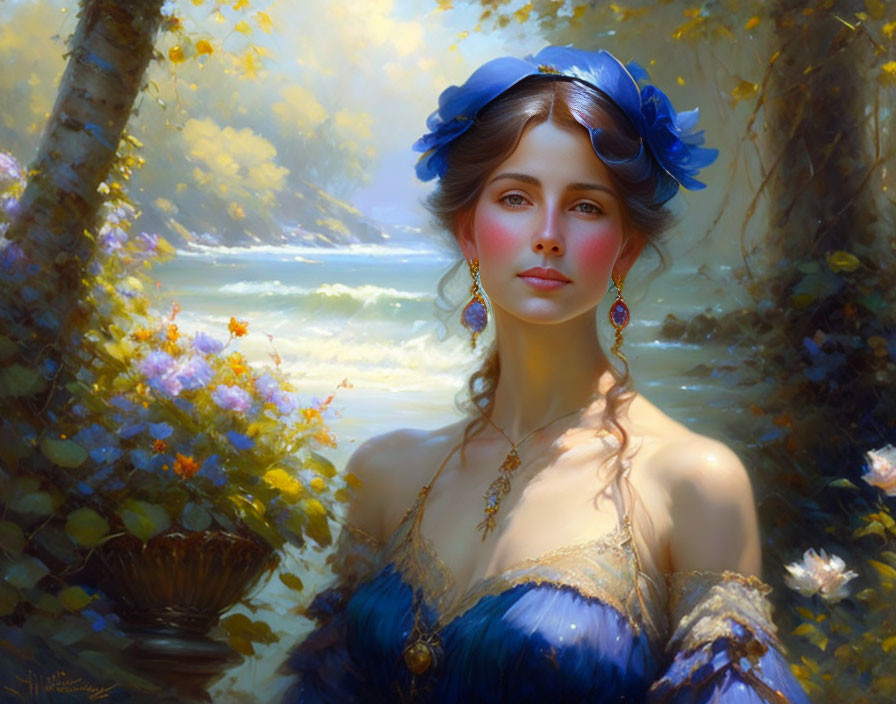 Woman with Blue Headwear and Earrings in Sunlit Landscape