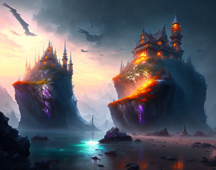 Elaborate castles on floating islands at dusk with flying creatures.