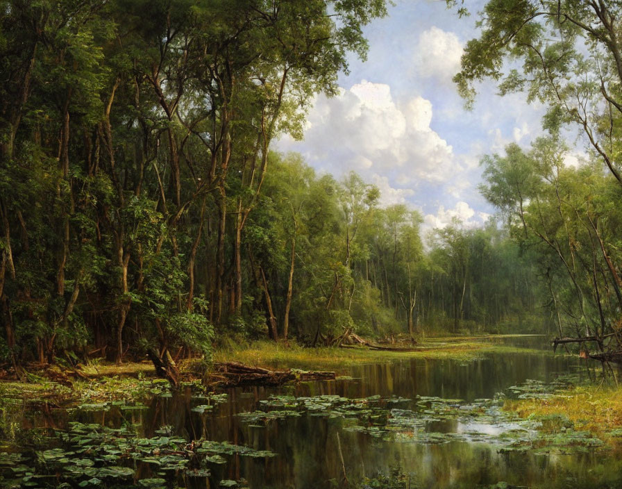 Tranquil forest landscape with lush greenery and pond under cloudy sky