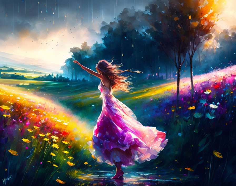 Woman dancing in vibrant meadow under stormy sky