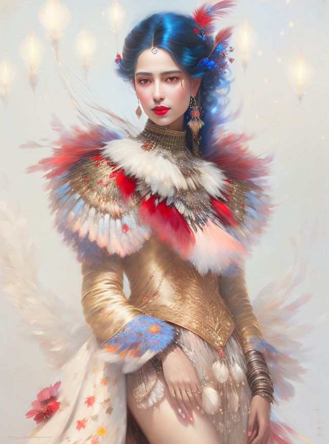 Blue-haired person in gold feathered outfit with glowing lanterns in ethereal scene