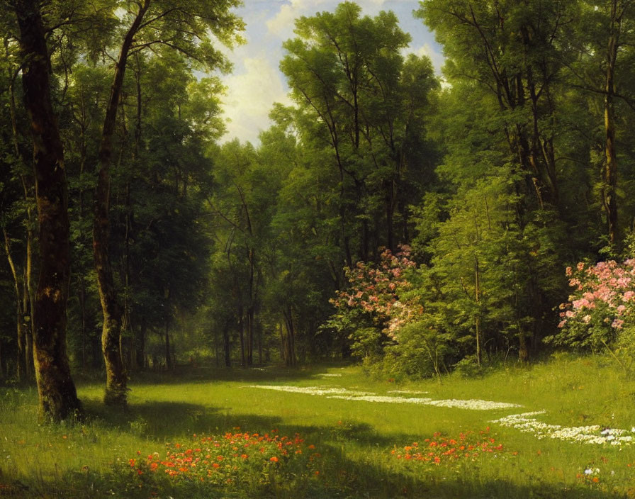 Tranquil forest scene with green trees, grassy clearing, wildflowers, winding path