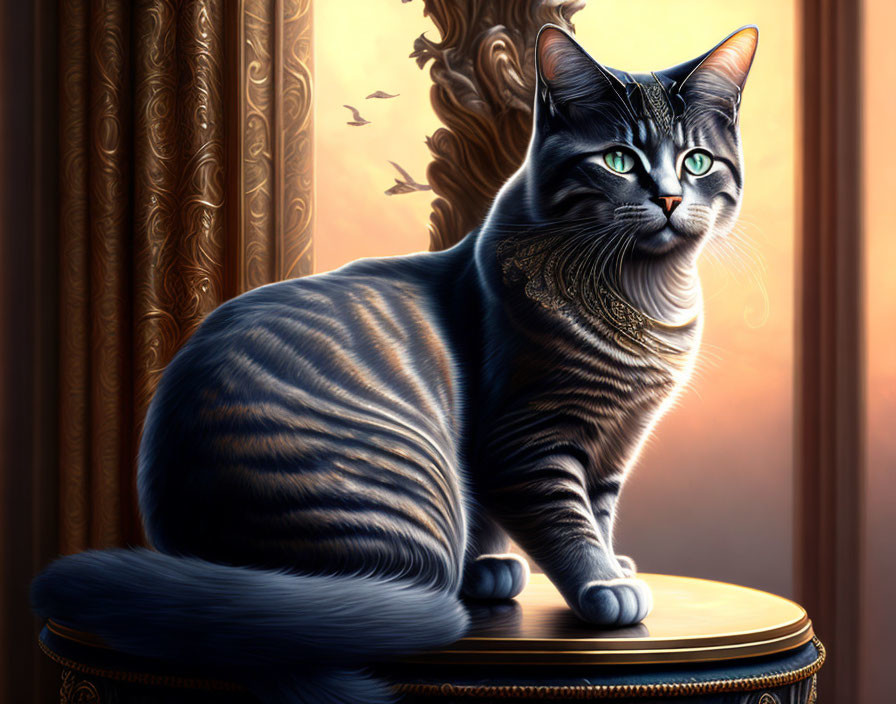 Regal grey tabby cat with green eyes on stool at sunset