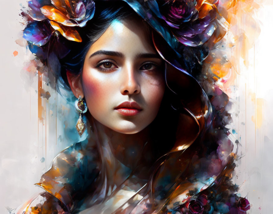 Digital painting of woman with dark hair and vibrant floral wreath