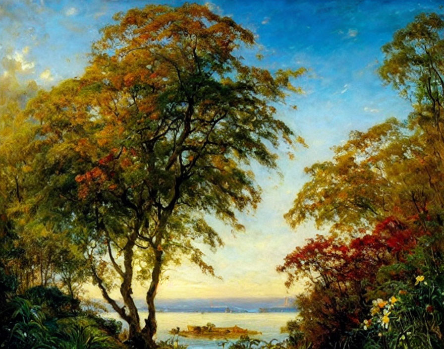 Autumn Landscape Painting with Lush Trees and Serene Sky