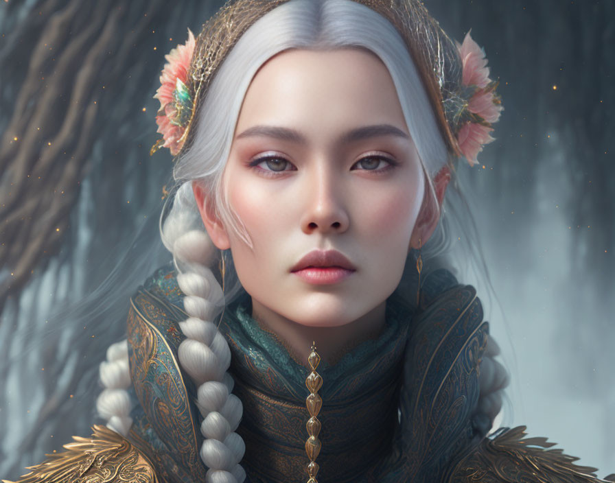 Fantasy female character with silver hair and regal attire adorned with flowers