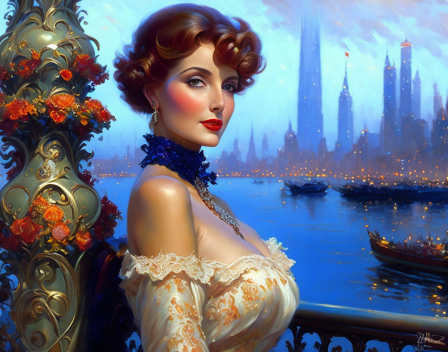 Red-haired woman in vintage attire on balcony with city skyline and boats.