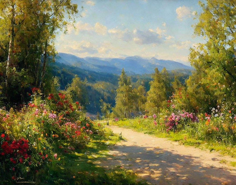Vibrant landscape painting with sunlit path and colorful flowers