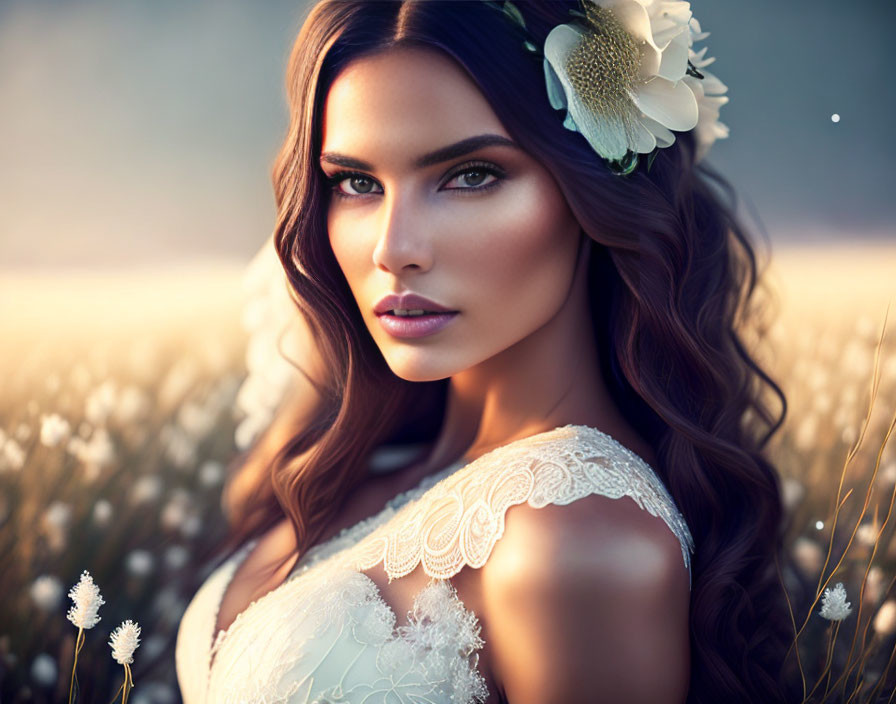 Woman with Wavy Hair and Floral Accessory in Lace Attire in Field at Dusk