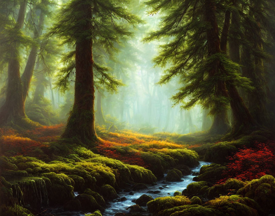 Lush Forest Scene with Sunlight, Moss, Stream