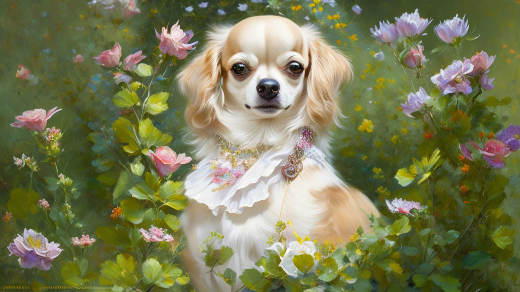 Chihuahua adorned with jewels and lace in lush garden scene