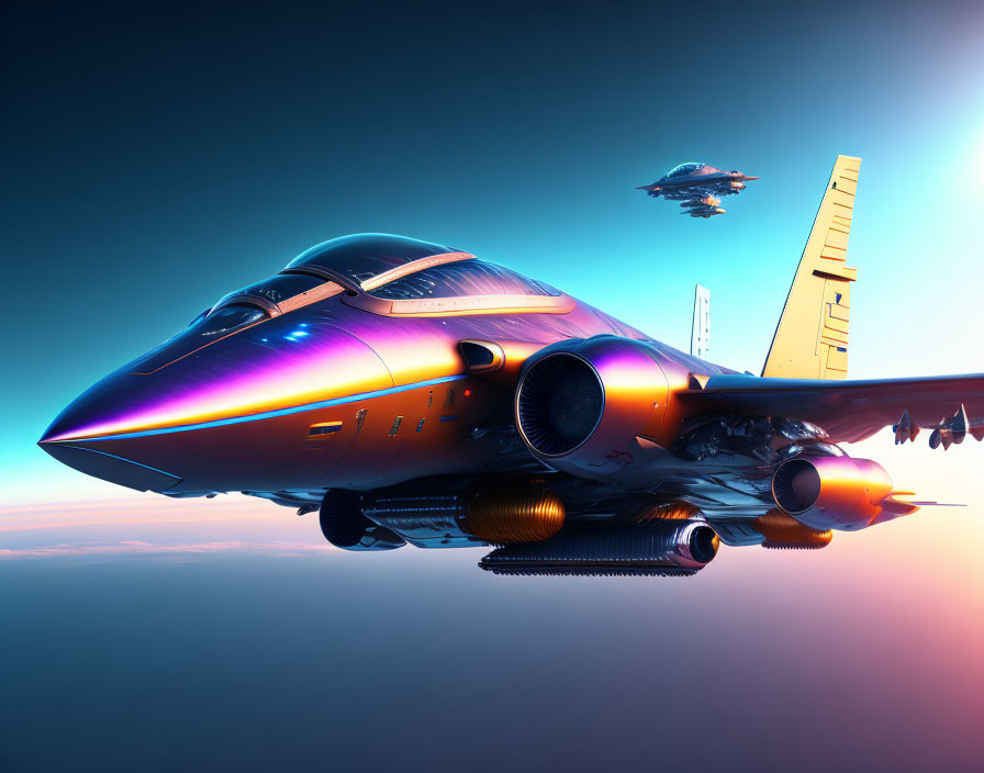 Sleek futuristic aircraft in iridescent colors flying above clouds at sunrise or sunset