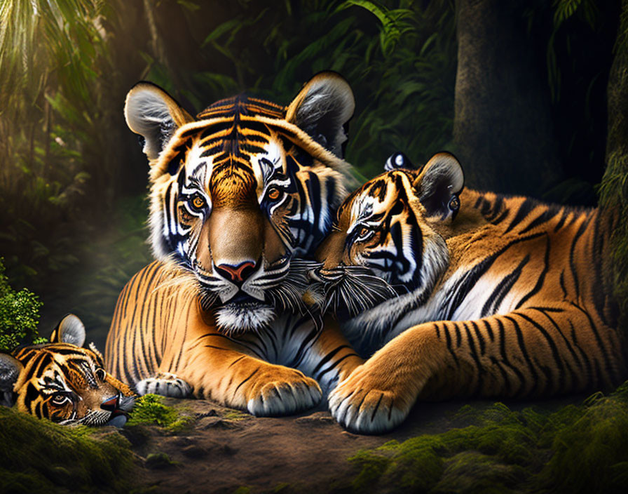 Three tigers resting in lush forest with sunlight filtering.