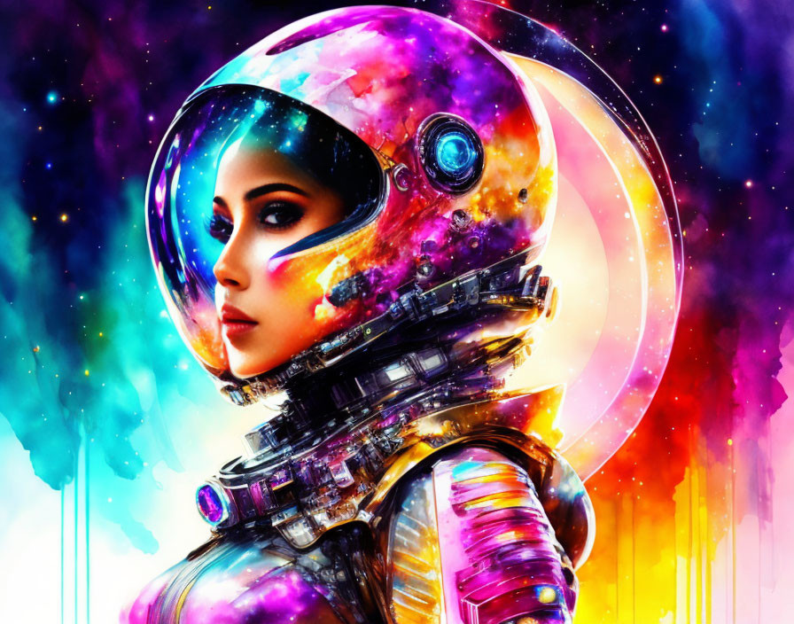 Colorful space helmet illustration with galaxy motif and nebula.