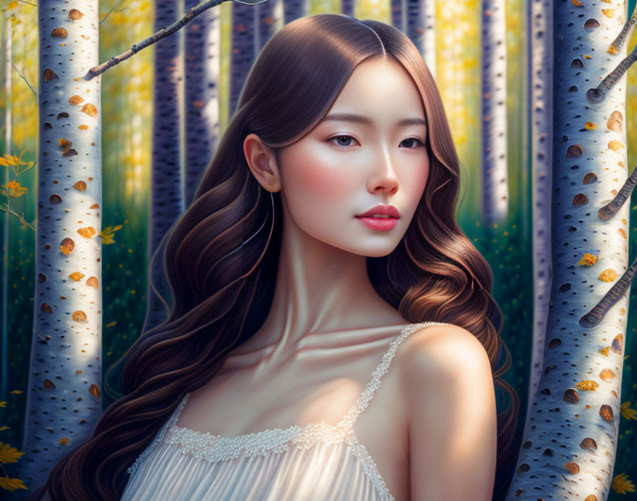 Illustrated portrait of woman with long wavy hair in white dress, birch trees & yellow flowers