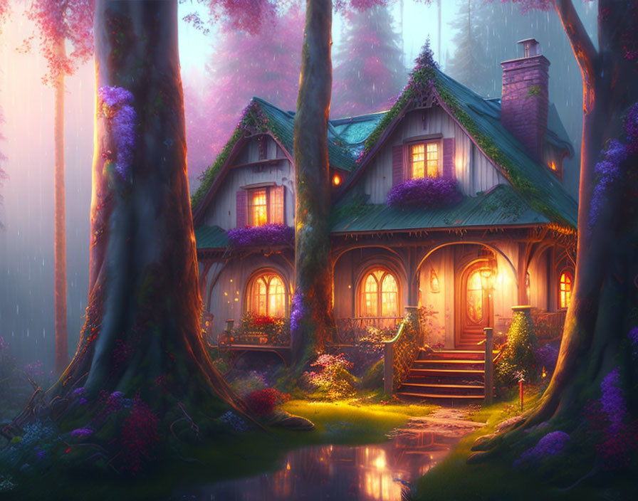 Enchanted forest cottage at dusk with glowing windows and serene water reflection