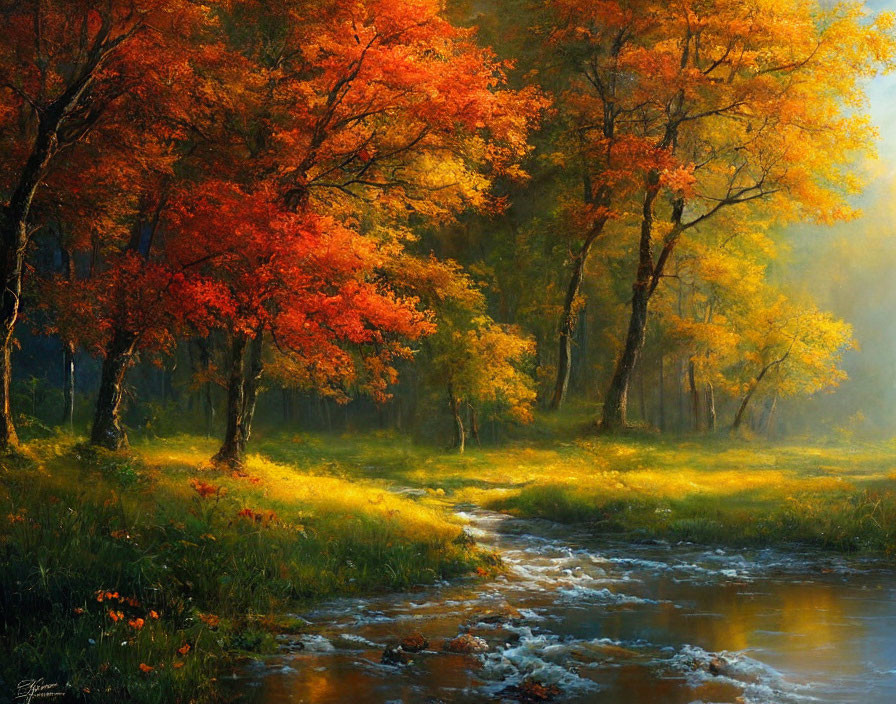 Tranquil stream in vibrant autumn forest with warm orange and yellow foliage