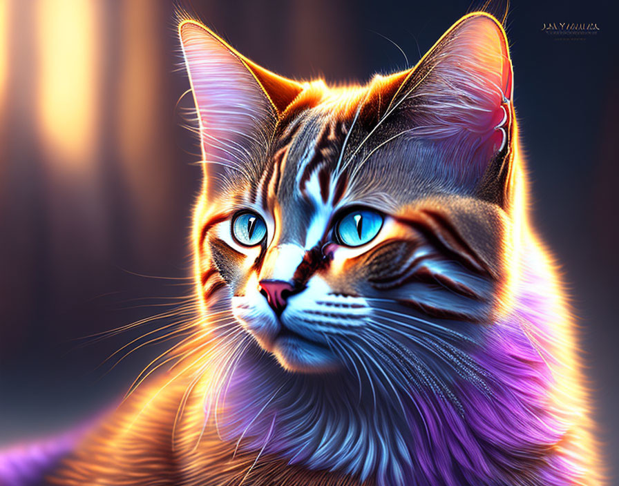 Detailed digital cat illustration with blue eyes and glowing edges