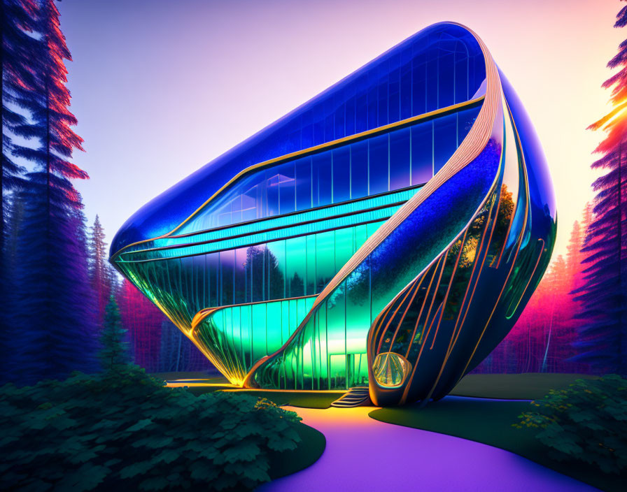 Modern glass building in forest at sunset with fluid design.