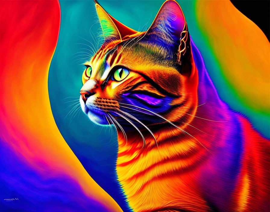 Colorful Psychedelic Cat Artwork with Swirling Patterns