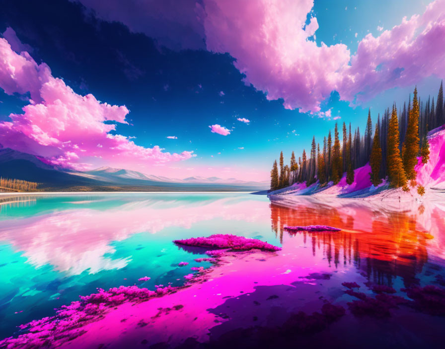 Surreal landscape: pink and blue sky, calm lake, pine forest