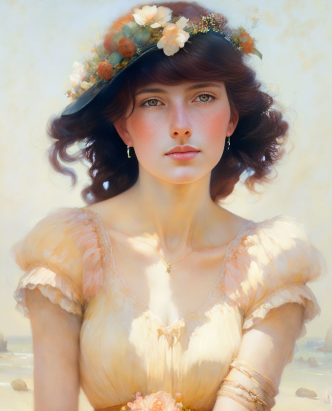 Portrait of Woman with Auburn Hair in Peach Dress and Floral Hat