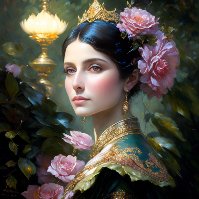 Portrait of elegant woman in crown and traditional attire with roses, next to glowing lamp.