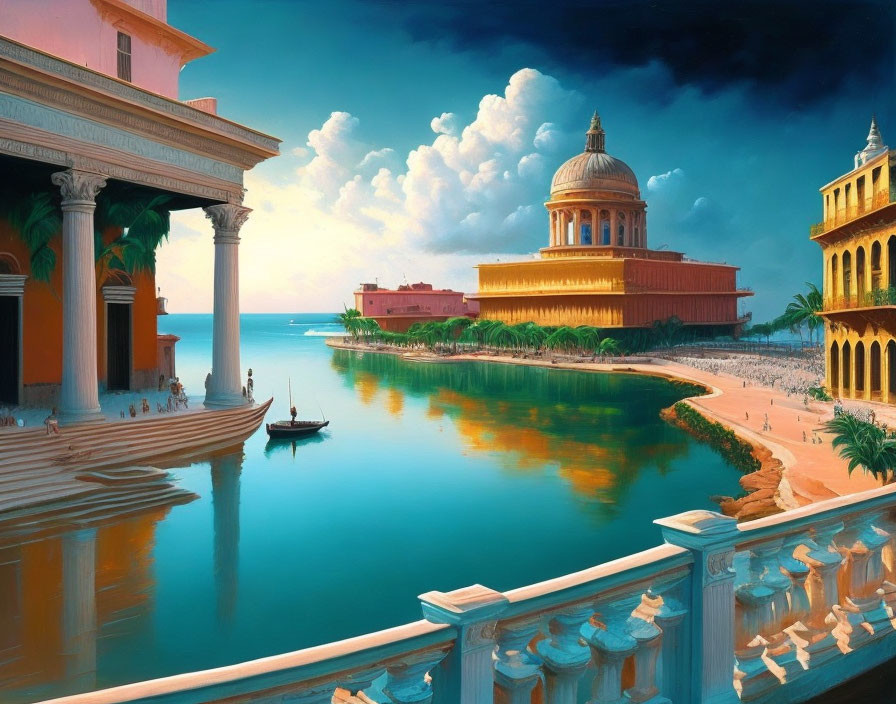 Classical waterfront city painting with elaborate buildings, dome, river, and clear sky