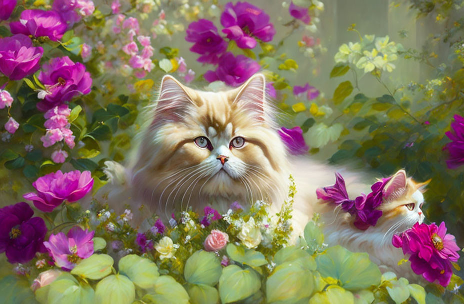 Fluffy Cat with Striking Eyes Among Pink and White Flowers