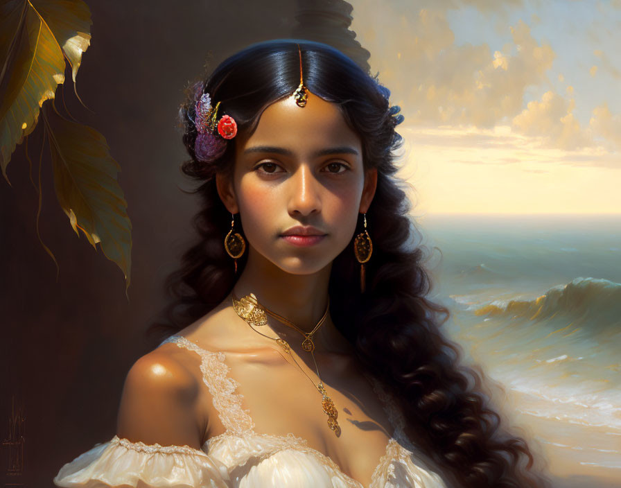 Young woman with dark hair and traditional jewelry by serene seascape