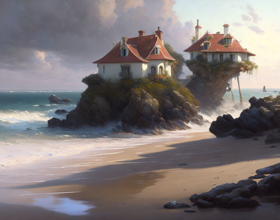 Quaint houses on rocky outcrop overlooking serene beach