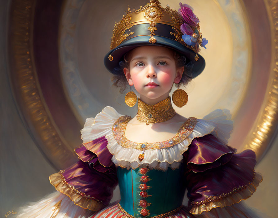 Young child in regal attire with naval-style hat and ornate details