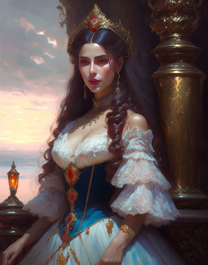 Regal woman in royal blue gown with gold jewelry on dusk sky backdrop