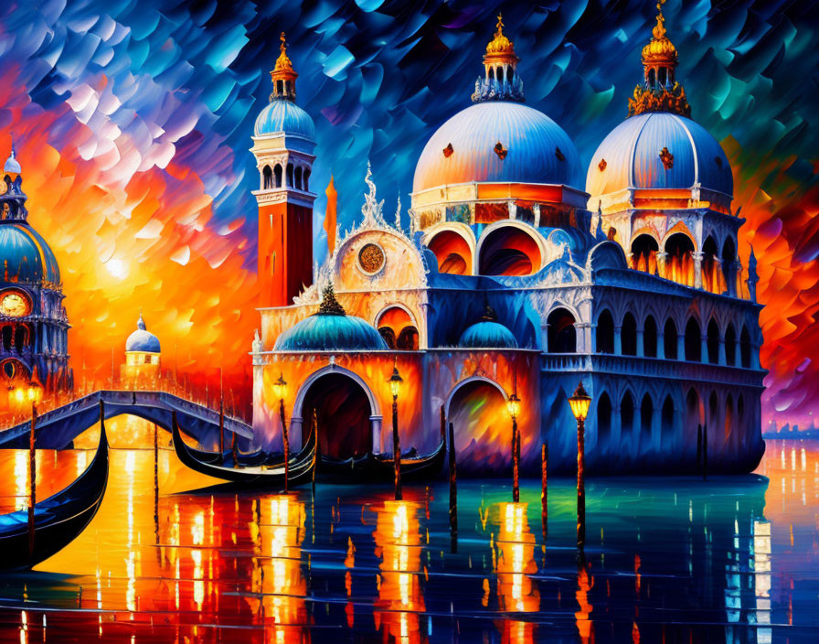 Vibrant Venetian scene with fiery skies and ornate buildings.