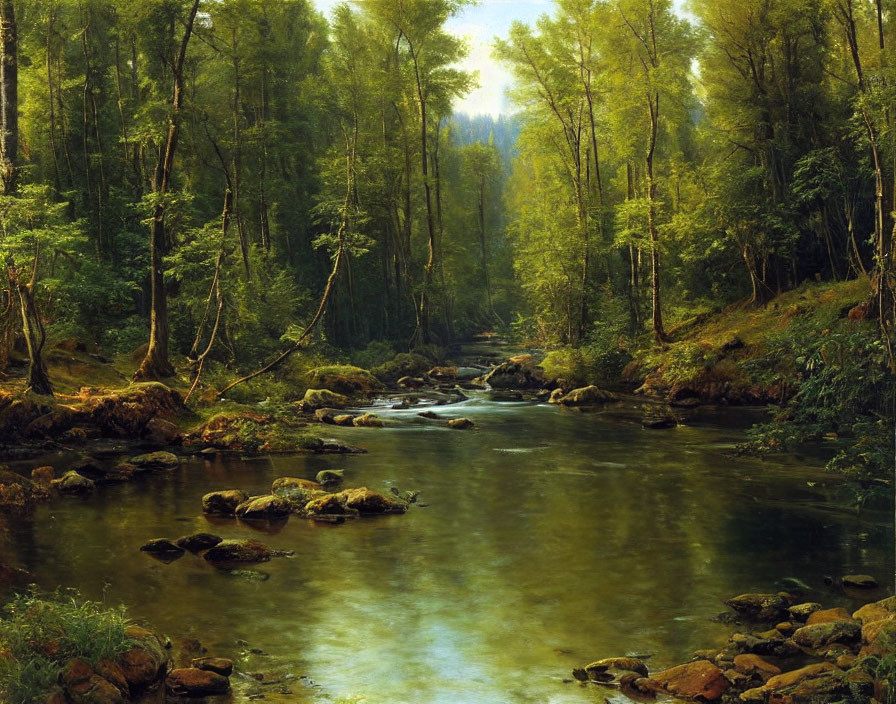 Tranquil forest scene with flowing stream and green trees