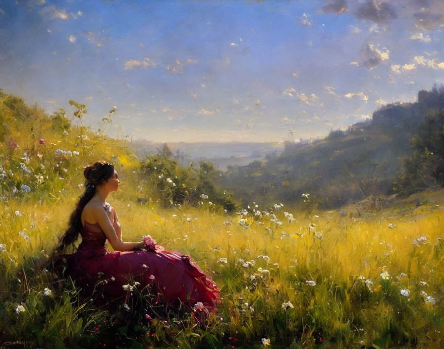 Woman in Pink Dress Sitting in Sunlit Meadow with Cloudy Sky