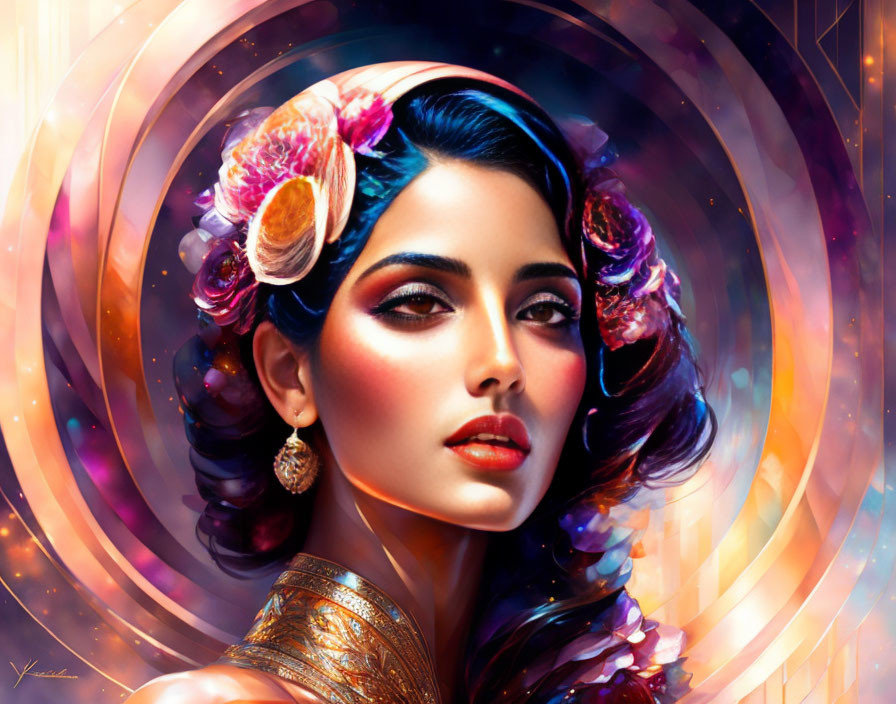 Colorful portrait of a woman with luminous skin and floral hair against cosmic swirls