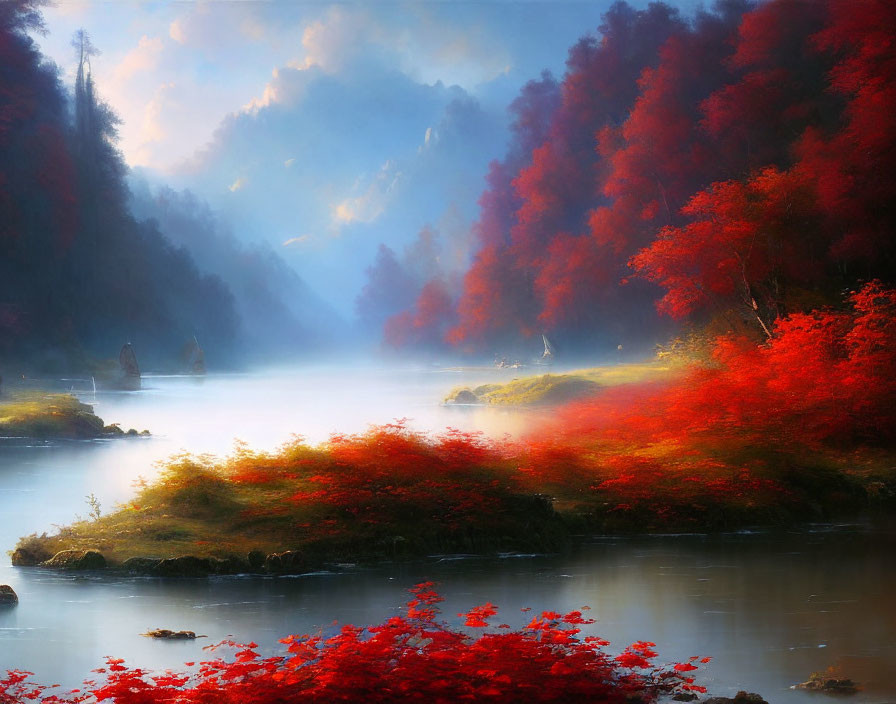 Tranquil forest scene with red foliage, misty river, and soft sunlight