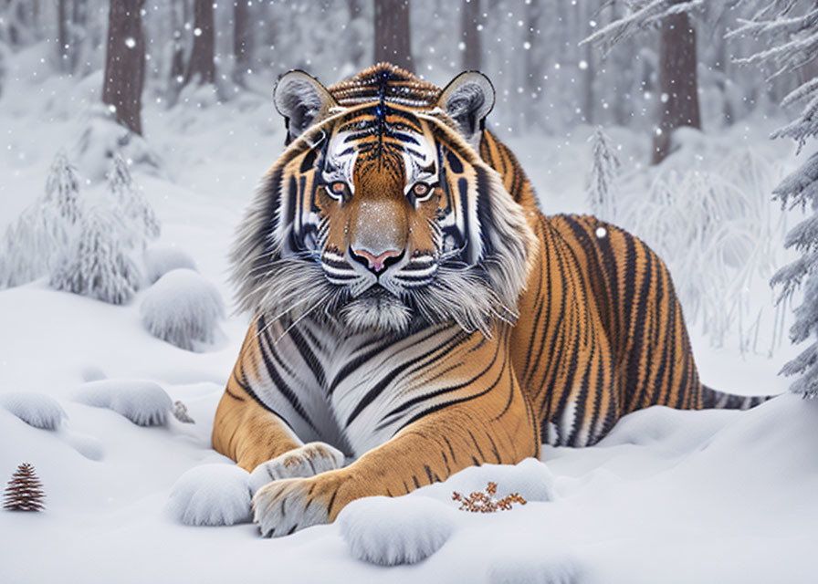 Majestic tiger resting in snowy forest with orange and black stripes