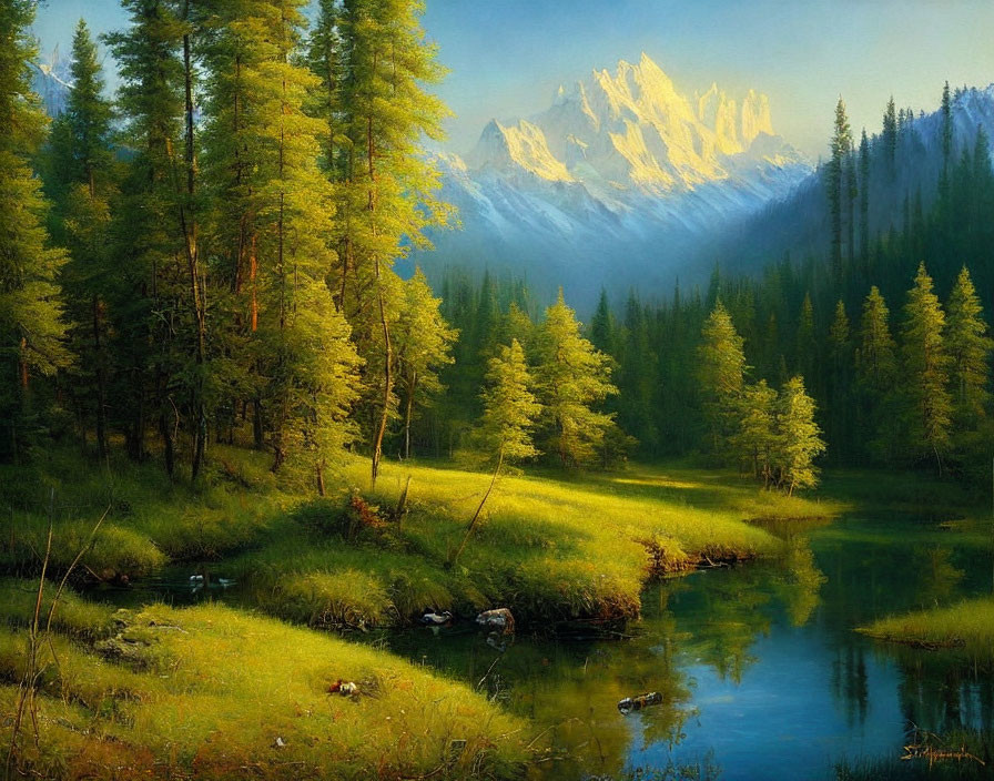 Tranquil forest landscape with green trees, river, and snowy mountains