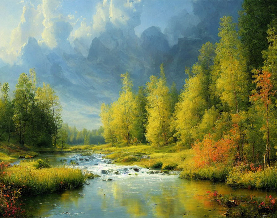 Serene landscape painting: Gentle river, vibrant autumn forest, cloudy sky