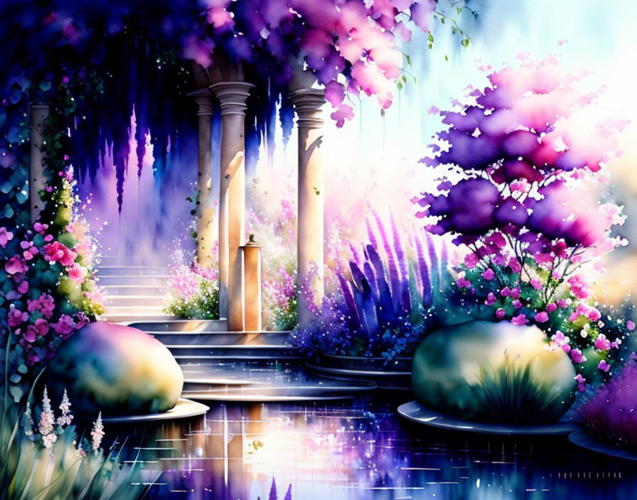 Vibrant flowers, classic pillars, glowing lantern in serene garden