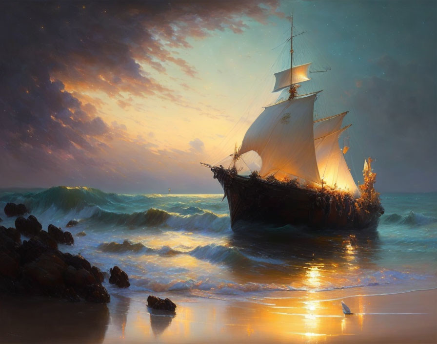 Sailing ship in stormy seas at sunset with crashing waves