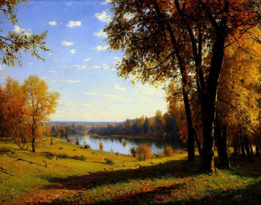 Vibrant autumn landscape: golden trees, serene lake, clear sky