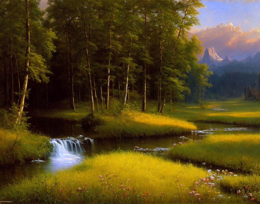 Tranquil landscape with waterfall, greenery, flowers, and mountains